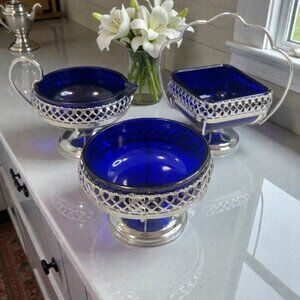 VINTAGE Stainless Chromium Silver Plate Cobalt Blue Glass Sugar Creamer Candy